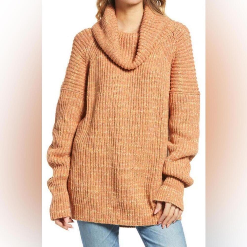 Free People Leo Petal Peach Cable Knit Oversized Turtleneck Sweater- Size Small - Picture 5 of 9